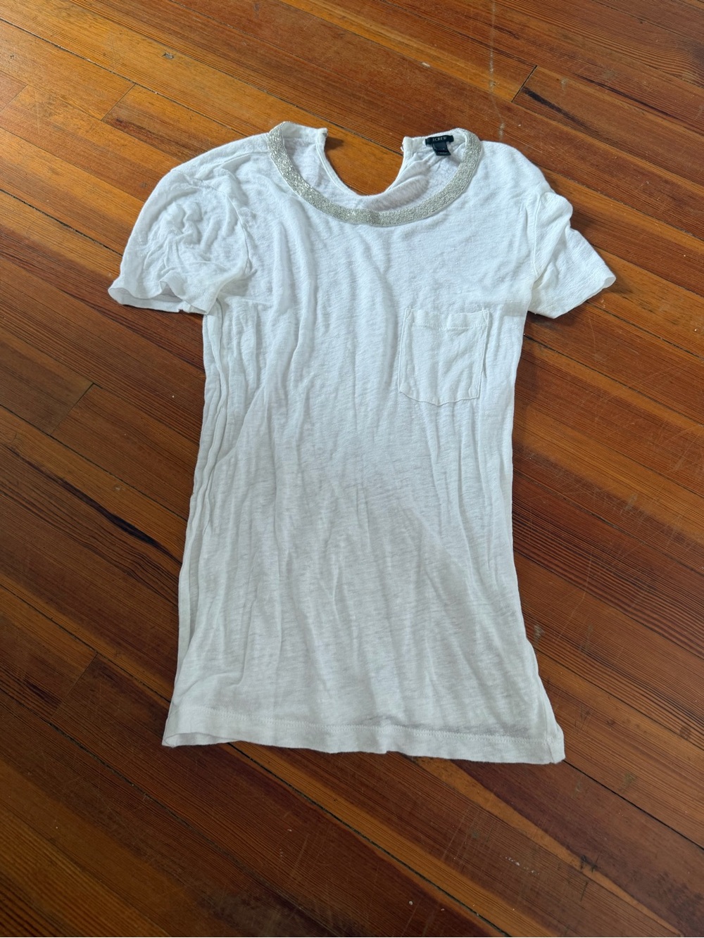 J. Crew White Short Sleeve Tee with Embellished Neckline